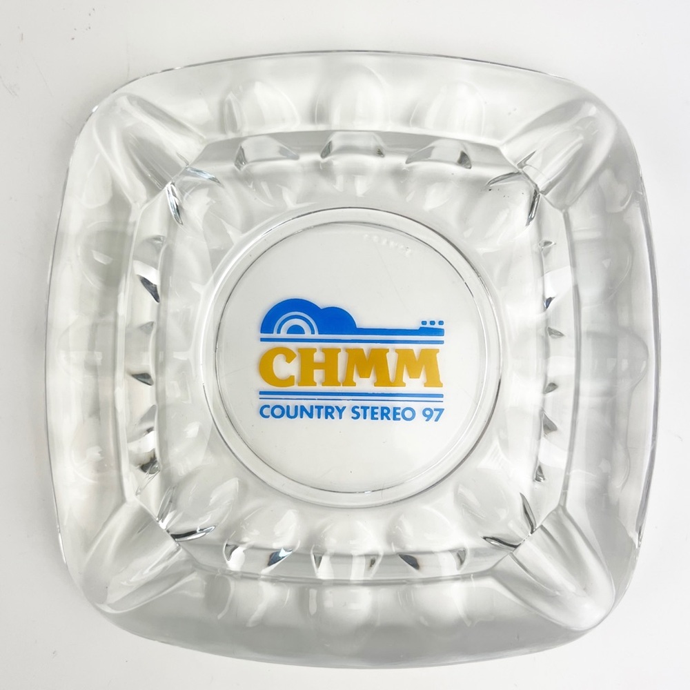 Vtg 80s CHMM FM Country Radio Glass Ashtray France Guitar Blue Yellow Canada 5”